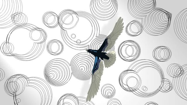 2d animation, a bird flying above a terrain with many circles shapes 