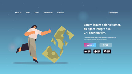 Fototapeta premium businesswoman with broken paper banknote financial crisis bankruptcy concept horizontal full length copy space vector illustration