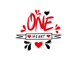 One Heart lettering Text on white background in vector illustration