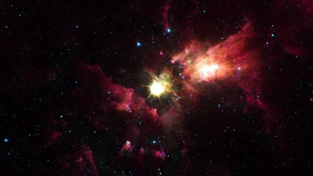 Seamless loop space flight into star field of Carina Nebula with center glowing and rotating star. 4K 3D Flight Through Space With star field, Galaxy and Nebulae. Elements furnished by NASA images.
