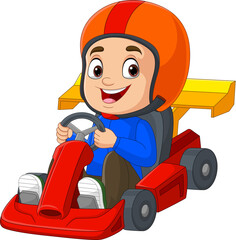 Cartoon little boy driving racing car