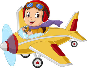 Obraz na płótnie Canvas Cartoon little boy operating a plane