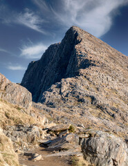 Crib Goch mountain,viewed from beneath the summit of Mount Snowdon,Wales,United Kingdom.