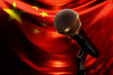 Microphone on the background of the National Flag of  China, realistic 3d illustration. music award, karaoke, radio and recording studio sound equipment