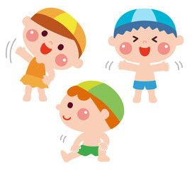 プール前の準備運動をする子どもたち