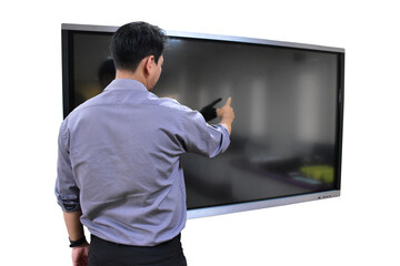 Concept Business people use touch screens to analyze and explain marketing data.