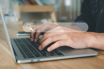 Technology Internet search engine, using search tool tabs, management data information technology network, man hands typing laptop keyboard on desk in office, visual search tab browser with website.