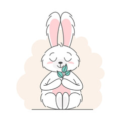Cute bunny, baby and children concept. Happy easter rabbits different poses cartoon characters. Card with Cute bunny. Bunny with floral leafs. Design for baby, kids poster, card, invitaton. Vector
