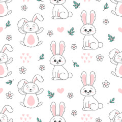 Seamless Pattern of Cute bunny, baby and children concept. Happy easter rabbits different poses cartoon characters. Bunny with floral leafs. Design for baby, kids poster, card, invitaton. Vector