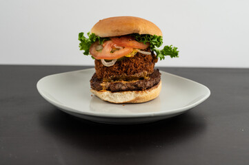 Fried cheese burger with lettuce and onions  on a plate 