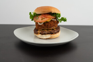 Fried cheese burger with lettuce and onions  on a plate 