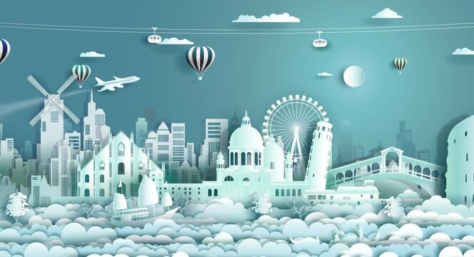 Travel architecture Italy landmarks in Rome, Venice famous city of europe with balloons, airplane and cable car, Travelling Italy with panoramic by paper origami, 3D illustration 4k advertising.