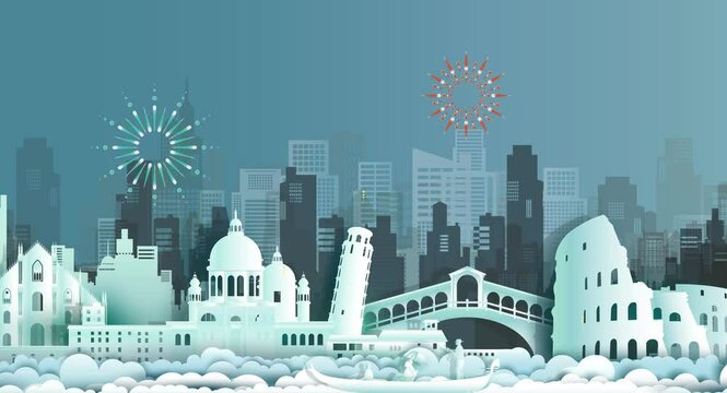 Anniversary celebration nation day Italy with fireworks in city background. Tourism Venice landmarks of europe architecture in Italy with origami paper art, paper cut with 4K loop video animation.