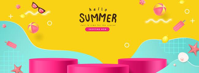 Colorful Summer sale banner with beach vibes decorate and product display cylindrical shape 