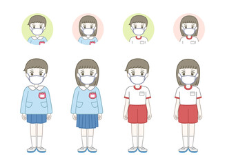 マスクをしているスモックを着ている幼稚園児と体操服を着ている幼稚園児