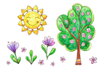 Watercolor illustration with sun, flowers and tree. Bright mood for textile design, postcard, print.