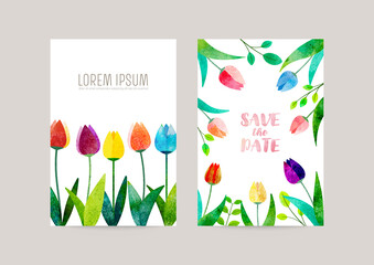 Set of 3 cards with tulip illustration, for greeting, invitation, flyer, poster