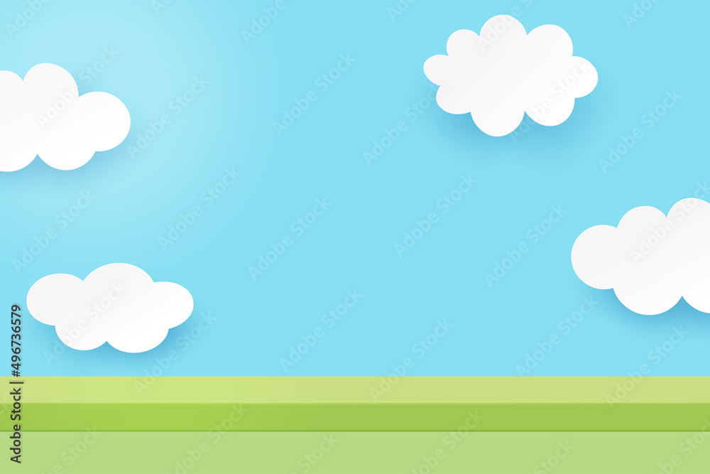 Aufkleber 3d Paper cut abstract minimal scene geometric shape template background.White cloud on blue sky background.Vector illustration.
