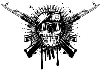 Abstract vector illustration skull in beret crossed assault rifle on grunge splash