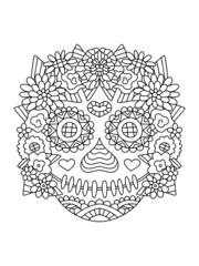 Hand-drawn skull with flowers linear vector illustration. Dia de muertos colouring page for adults vertical printable page. Ornamental floral skeleton black outline isolated on white vector