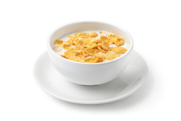 Corn flakes with fresh milk isolated on white background. Clipping path