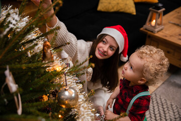 A teenage sister shows her younger brother the ornaments on the Christmas tree.