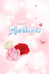 Typography Mother's day text with flowers, rose and heart decoration realistic vector graphic banner