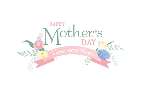 Typography Mother's day text with flowers, pink ribbon with i love you mom text flat vector graphic