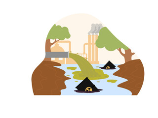 The river is a dumping ground for garbage and factory waste. Nature damaged by waste. Rivers, soil and trees are polluted. Pollution vector illustration.