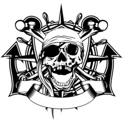 Vector illustration pirate symbol skull with bandana, crossed bones and crossed anchors and wheel