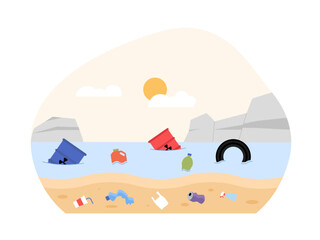Sometimes some of the inorganic waste in the sea is carried by the waves to the edge of the sea. Throwing trash carelessly in the sea. Ai vector illustration