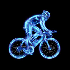 Cyclist side view, neon blue hologram. Cycling race, cycling competition. 3D illustration, 3D render, copy space.