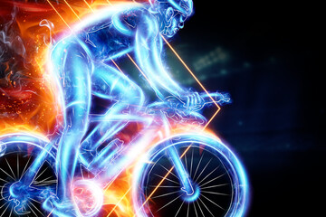 Fast Cyclist with flames side view, rides very fast, neon blue hologram. Cycling race, cycling competition. 3D illustration, 3D render, copy space.
