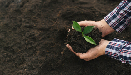 Planting a tree. Close up on young man planting the tree while working in the garden.
