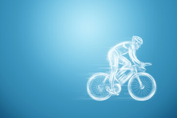 Fototapeta na wymiar Cyclist side view, white silhouette on a blue background. Cycling race, cycling competition. 3D illustration, 3D render, copy space.