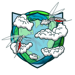 World Malaria Day, illustration of the earth being protected from malaria mosquitoes.