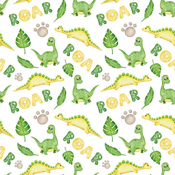Cute yellow and green dinosaur seamless pattern. Hand drawn elements animals, tropical leaves childish background. Isolated on white.