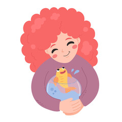 People and pets, girl with gold fish, vector