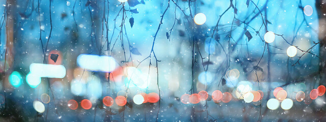 wet window city lights rain drops, abstract background autumn winter glow glass - obrazy, fototapety, plakaty