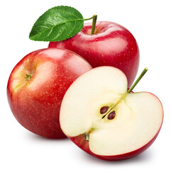 Apple fruit with leaf isolate. Red apple whole and half on white. Apple clipping path. High End Retouching
