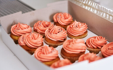 These are ready to be delivered. Cropped shot of cupcakes in a takeaway box.