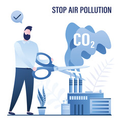 Politician or business owner avoiding harmful industry emissions with large scissors. Factory with dirty emissions. Air pollution. Ecological problem. Production polluting the environment.
