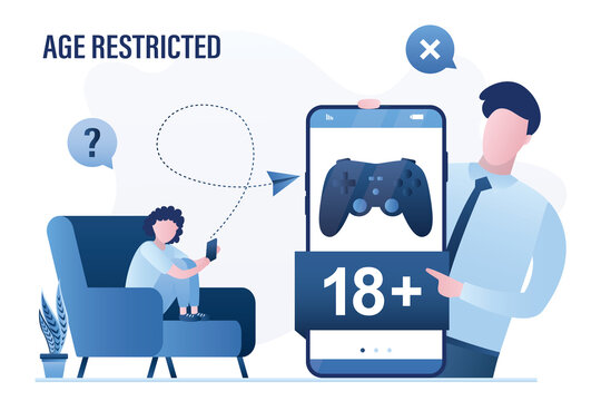 Father holds cell phone with joystick and warning label. Parental control, concept. Age restriction. Kid girl uses smartphone for gaming. 18 plus game or content. Prohibition sign.