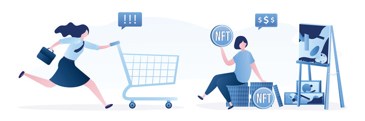 Female artist sells artworks online. Woman holds NFT coin. Artistic paintings and easel. Woman buyer running with empty shopping trolley. Technology of selling NFT tokens.