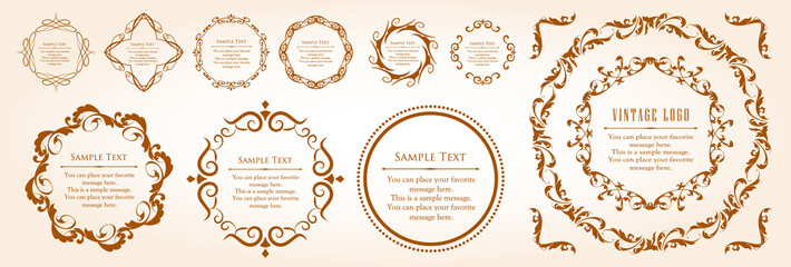 春の植物モチーフのフレームセット。ビンテージフラワー。装飾デザイン。流行りのあしらい