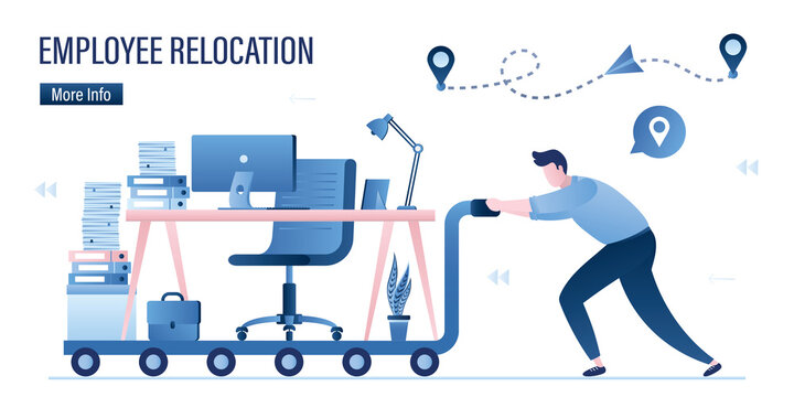 Employee relocation. New job offer. Recruitment. Businessman or manager pushing cart with office workplace. Global relocation of business. Globalization, horizontal banner.