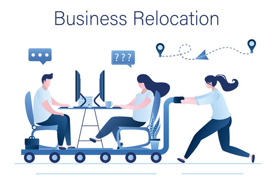 Business relocation. Businesswoman push cart with office workplace. Global relocation of business. Employees or manager working at desk with computers. Globalization, concept.