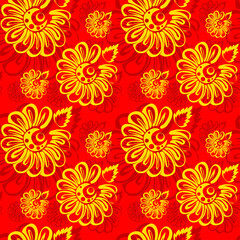 Fototapeta na wymiar Yellow flowers on red background, seamless pattern, texture for fabric design, wallpaper and tile, vector illustration