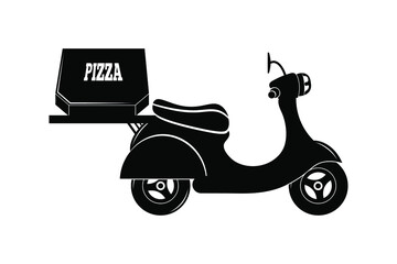 Moped or scooter, pizza delivery, black sign on white background, vector illustration
