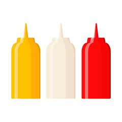 A set of bottles with sauces on a white background.
